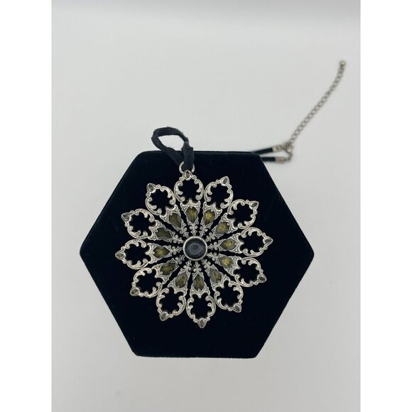 Circle Pendant 3" Silver Tone Pierced Designs Glass Center Black Cord - Picture 4 of 9